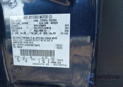 2005 Ford F-150 Fx4/Lariat/Xl/Xlt z USA, uszkodzony, nr VIN 1FTPX14585NB12643